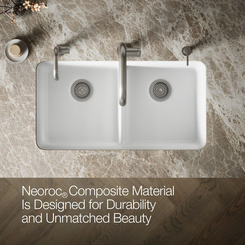 Cairn® 34" L x 18" W Under-Mount Double-Equal Kitchen Sink, Matte White