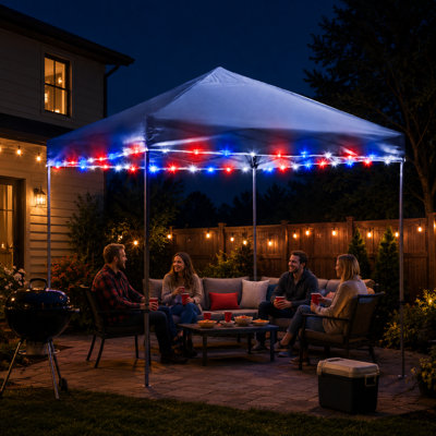 40FT Red White & Blue Battery-Powered Canopy Light Set with 60 LEDs, Made in USA with 24+ Hour Runtime, for Patriotic Displays