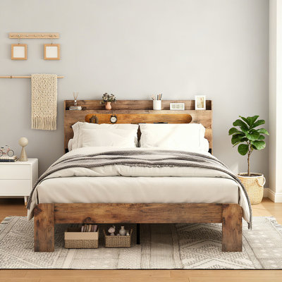Bed Frame, Wood Platform Bed Frame with Storage LED Light Headboard and 2 USB