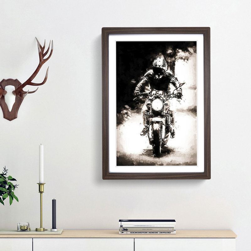 Motorbike Rider in Sepia in Abstract - Picture Frame Painting Print, 48cm H x 36cm W x 2cm D, Walnut Framed