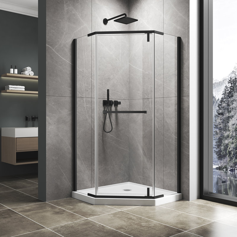 36" W x 72" H Pivot Frameless Neo-Angle Reversible Shower Enclosure in Matte Black Finish with Clear Tempered Glass