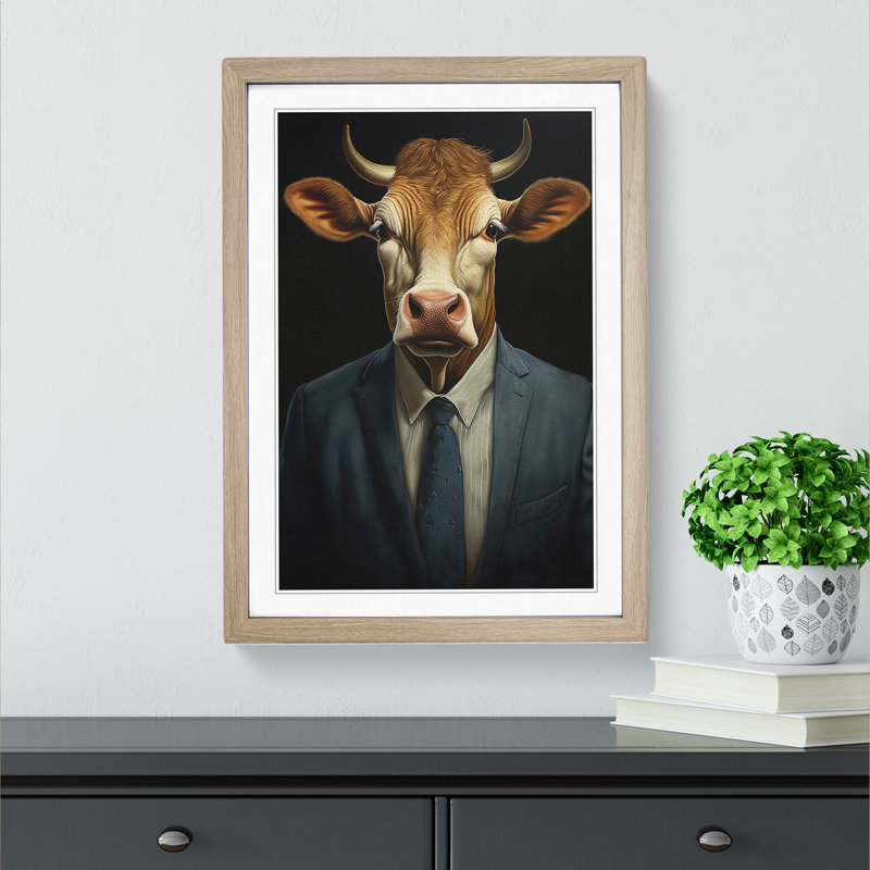 Cow In A Suit No.3 - Single Picture Frame Print on Wood, Oak , 64cm H x 46cm W x 2cm D
