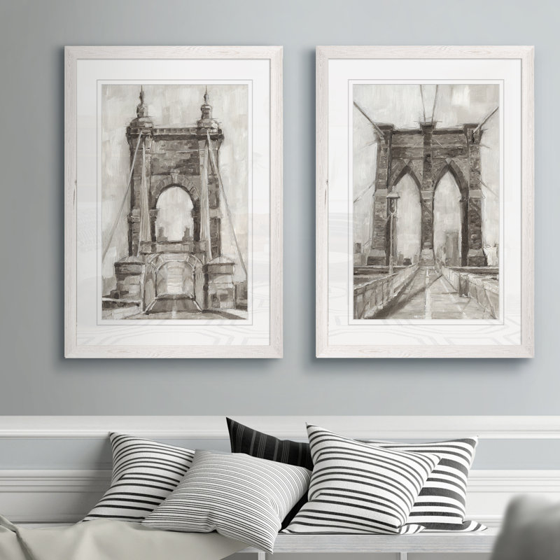 «Bridge Crossing I», ensemble de 2 reproductions d'art encadrées, Blanc, H 20 po x l 16 po x P 1,25 po, Cadre blanc