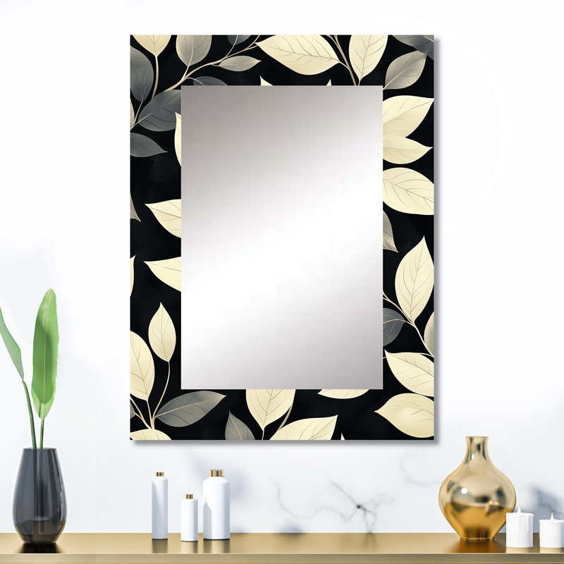 Black Beige Leaves Gentle Breeze II - Leaves Wall Mirror, Traditional Decorative Mirror, Printed Metal Art, 32" x 24"