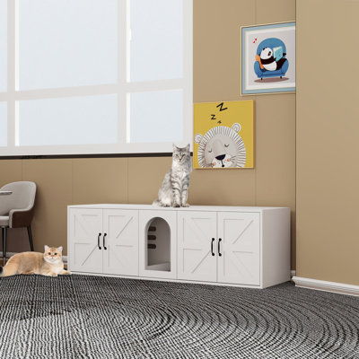 Enceinte de litière pour 2 chats, litière moderne avec lit double, litière en bois avec porte pour chat, L 59,05 po x l 17,71 po x H 18,89 po, blanc