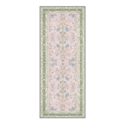 Verdant Vintage Blush Pink / Green / Beige Indoor Area Rug,Machine Washable,With Non-Slip Backing