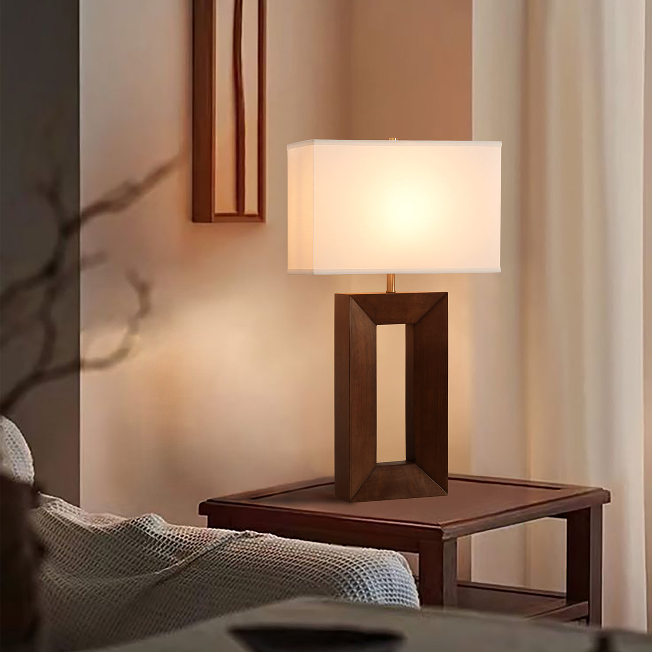 Julie Standing Table Lamp - Dark Walnut Wood Finish, Weathered Brass, White Linen Shade, Dark Walnut