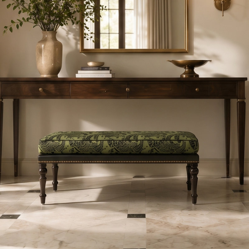 Banc de bout de lit à fin de lit à motif vert rétro, banc de chambre en bois massif avec garniture cloutée dorée