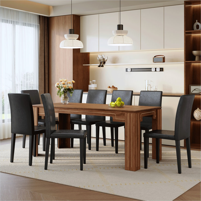 Table de salle à manger rectangulaire en bois aggloméré avec 8 chaises en cuir de polyuréthane, ensemble pliable peu encombrant, noyer et noir, 71 po x 31,5 po