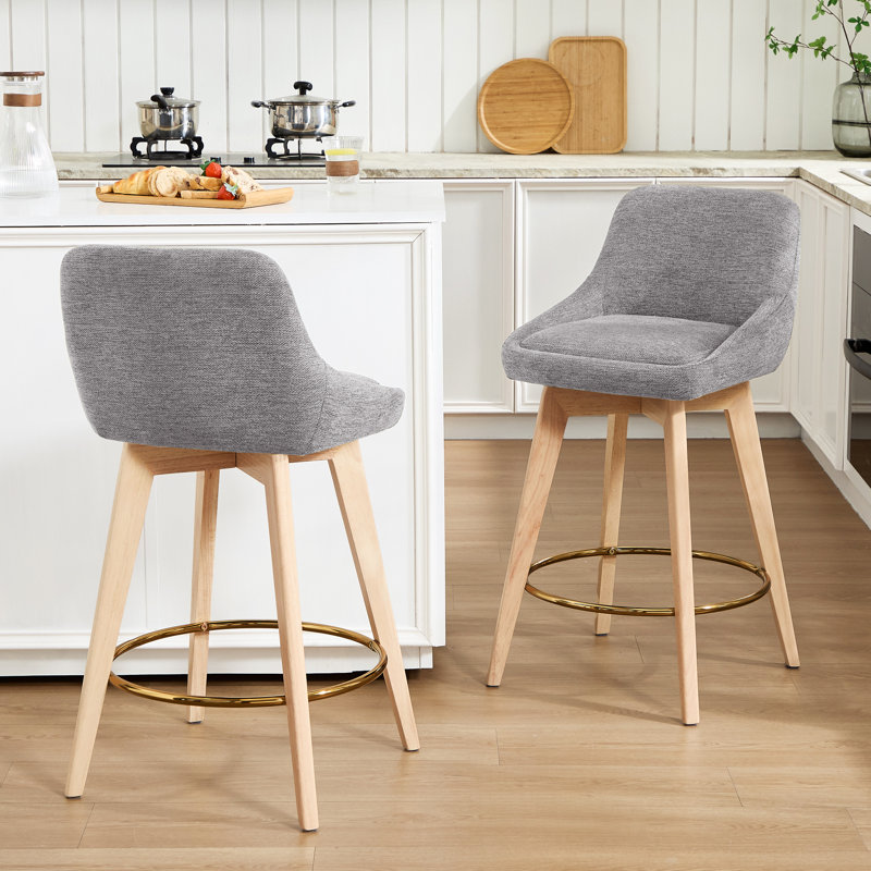 Swivel Upholstered 26.8'' Linen Counter Stool With Solid Wood Frame, Gray