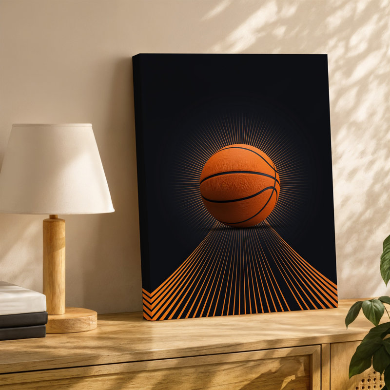 Toile, art graphique de basketball stylisé avec une boule orange brillante avec des lignes de balayage dynamiques représentant un art mural sur toile