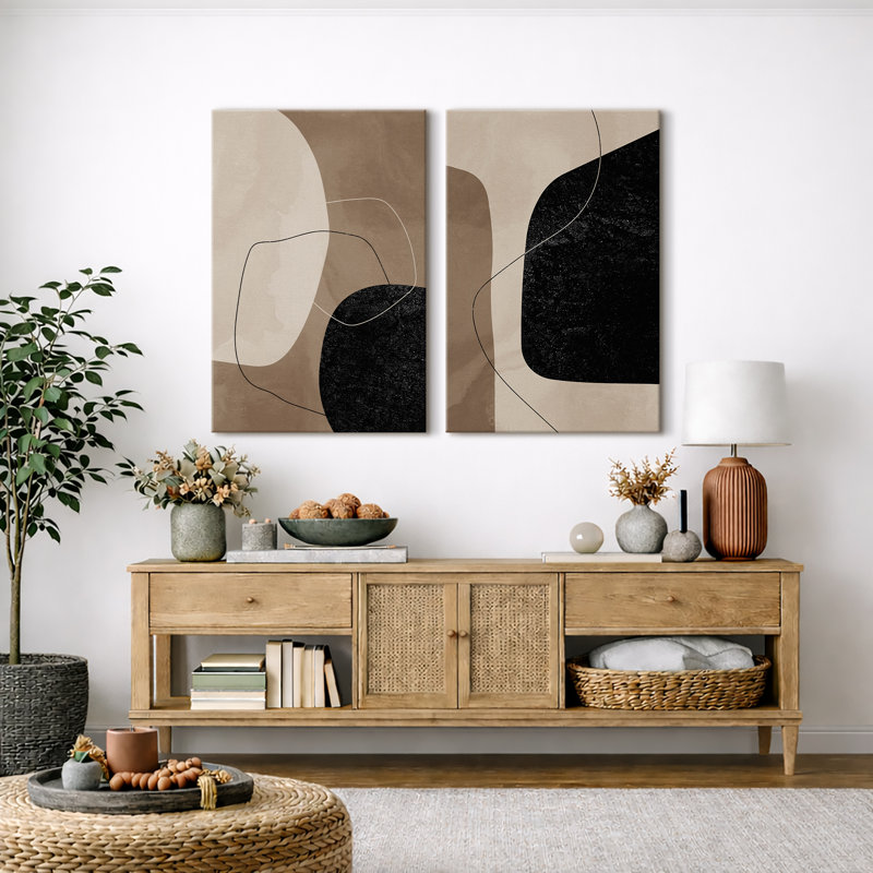 Mid Century Shape "Warm Brown & Faded Black Abstract Lines Artwork, Modern Minimalist Neutral Wall Pictures, Framed Canvas Giclée Print 2 Pieces Wall Art" 16x24x2 pcs, 24x36x2 pcs
