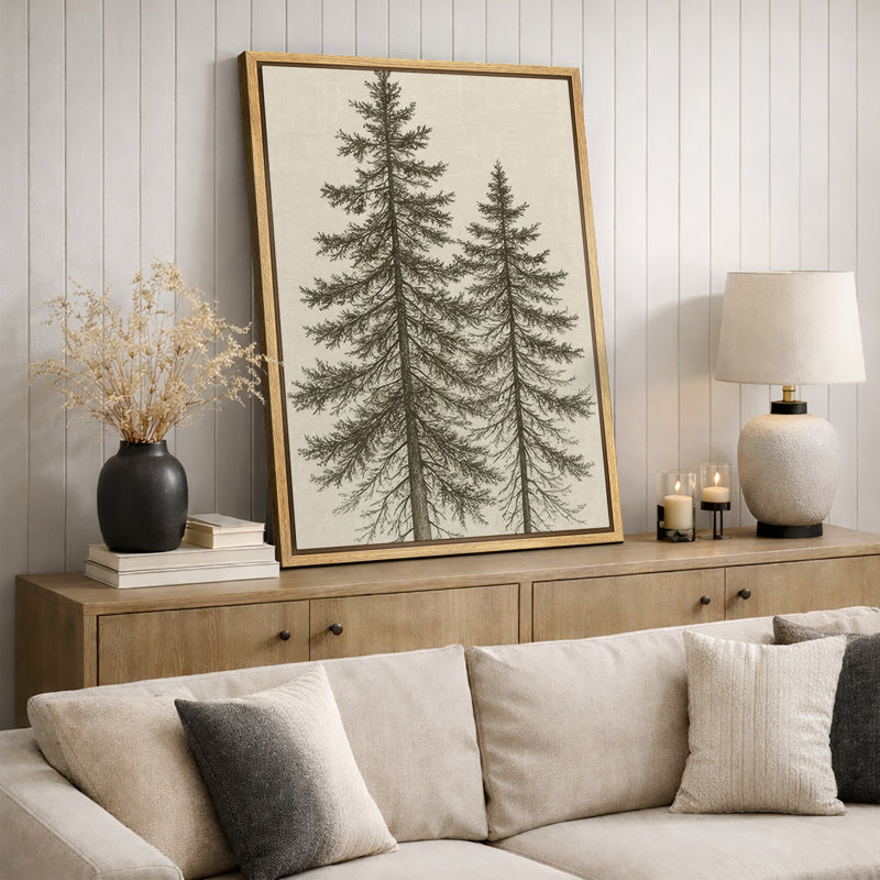 «Tall Pine Trees Classic Botanical Nature Art», reproduction d'art sur toile encadrée, H 36 po x l 24 po, Naturel
