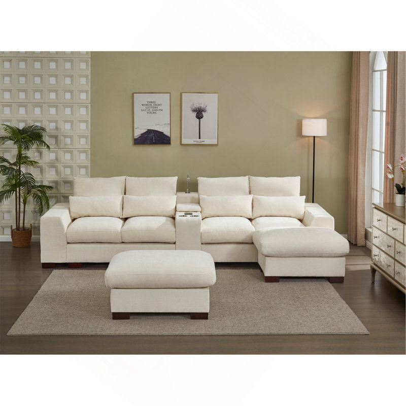 Canapé modulaire moderne avec console, port de charge USB, lampe de lecture, porte-gobelet, Beige