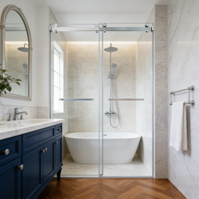 Porte de douche coulissante double sans cadre l 48 po x H 76 po avec verre trempé de 3/8 po en chrome