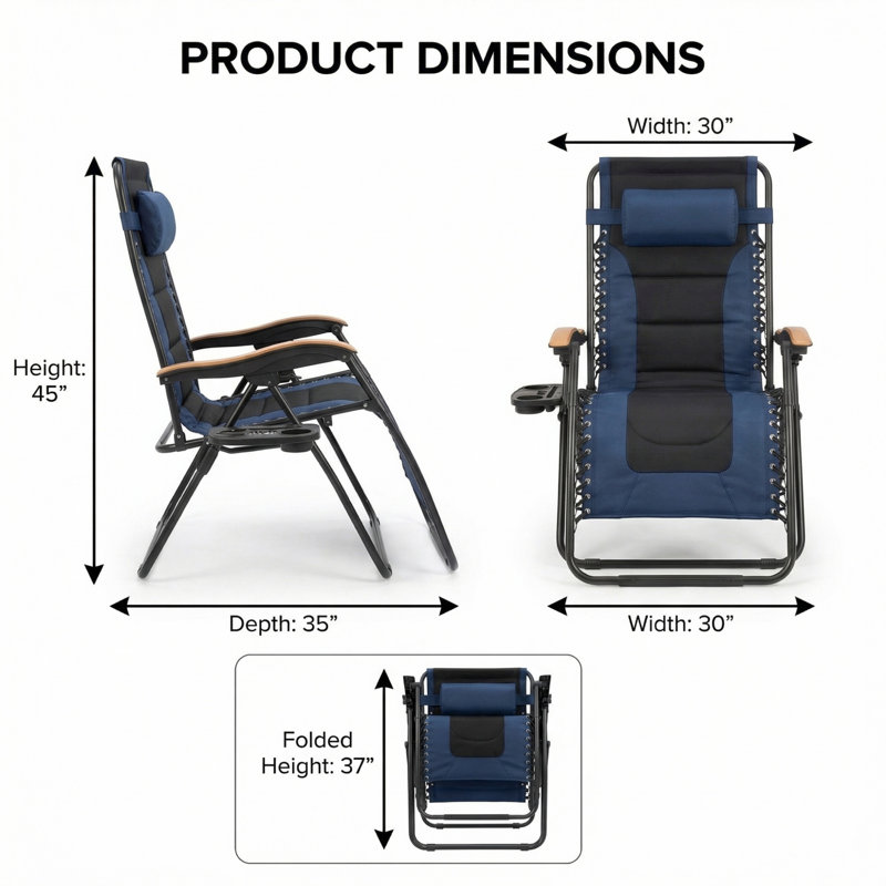 Très grand fauteuil épaissi à gravité zéro, méridienne pliable, chaise longue anti-gravité à siège large de 30 pouces avec porte-gobelets, bleu