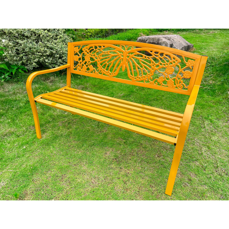  50" Outdoor Metal Garden Bench with Butterfly Backrest Design, Yellow