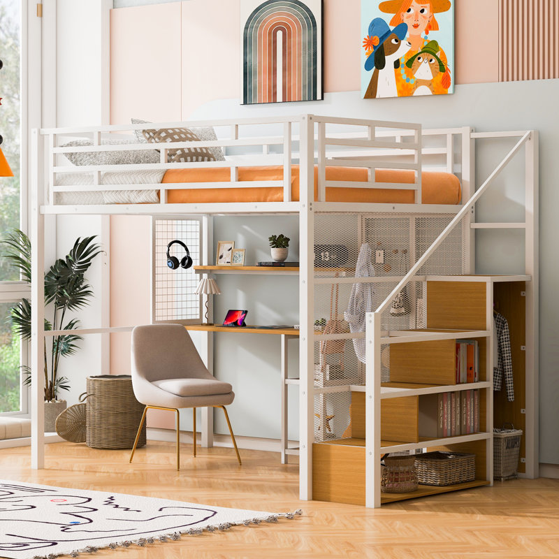 Lit mezzanine double en métal avec garde-robe, bureau et tablette de rangement ouverte, Blanc