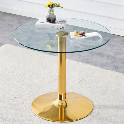 Table de salle à manger ronde moderne en verre trempé transparent avec base en métal