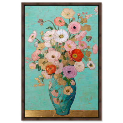 "Turquoise Vase Blooms II", reproduction d'art sur toile encadrée par Art Remedy, cadre noyer, 30 x 45