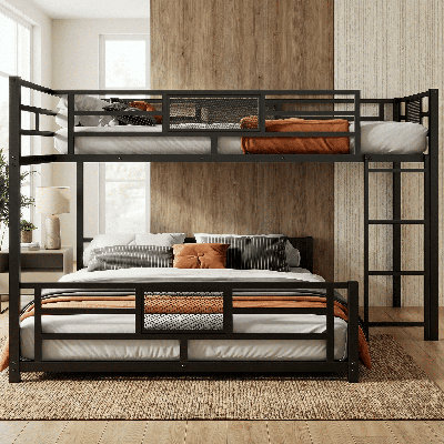 Twin Over Full L-Shaped Metal Bunk Bed, Black