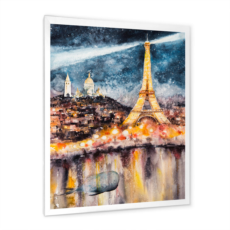 «Paris At Night with Bright Shining Eiffel Tower», reproduction sur toile, H 36 po x l 24 po x P 1 po, Cadre photo blanc