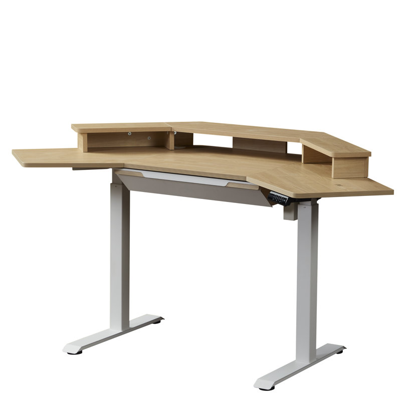 Adjustable Corner Standing Desk with Drawer, Monitor Stand, USB Hub, Wireless Charger for Home Office, Oak, White