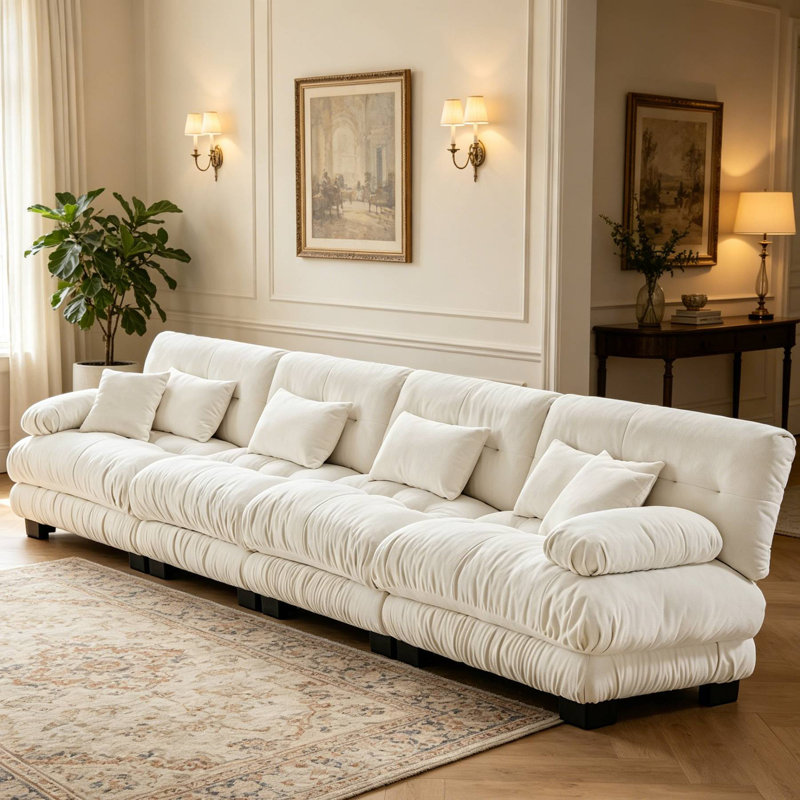 Canapé modulaire capitonné en chenille pour salon, 35.4" H x 173.2" W x 36" D, White