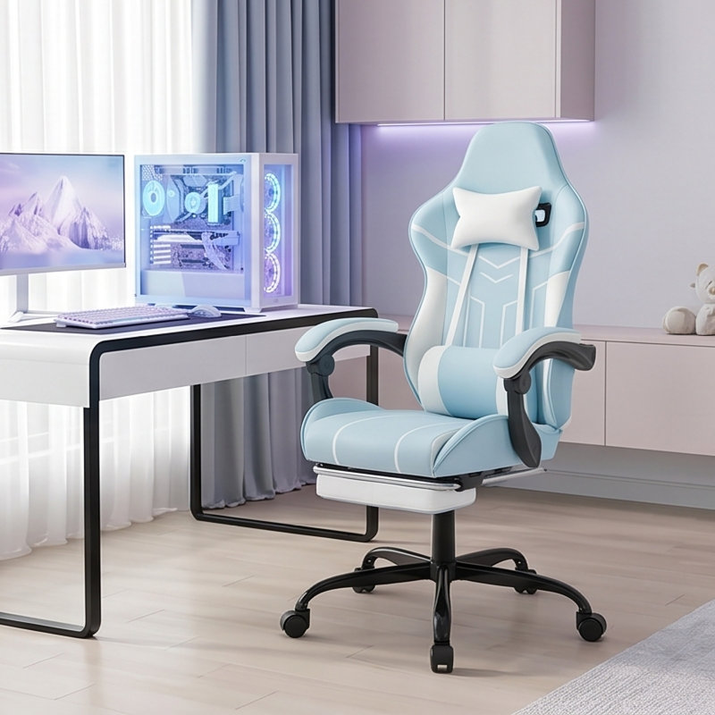 Fauteuil de jeu ergonomique bleu et blanc avec repose-pieds et support lombaire inclinable en cuir, Bleu