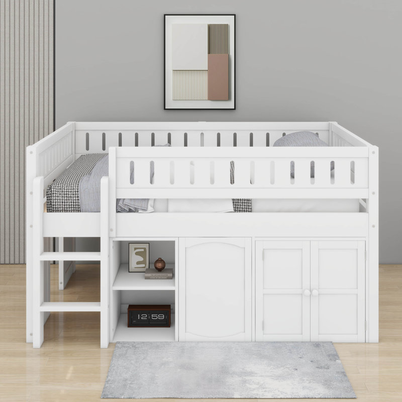 Lit mezzanine double avec armoire de rangement, Blanc