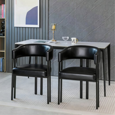 Modern Dining Chairs Set of 2, Faux Leather Upholstered Barrel Dining Room Chairs with Integrated Curved Back And Armrests , Metal Frame Chair for Kitchen Living Room Restaurant, Black