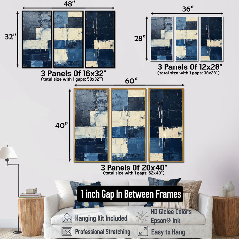 Cubiste carré bleu royal et blanc - ensemble de décorations murales abstraites, Cadre flottant brun