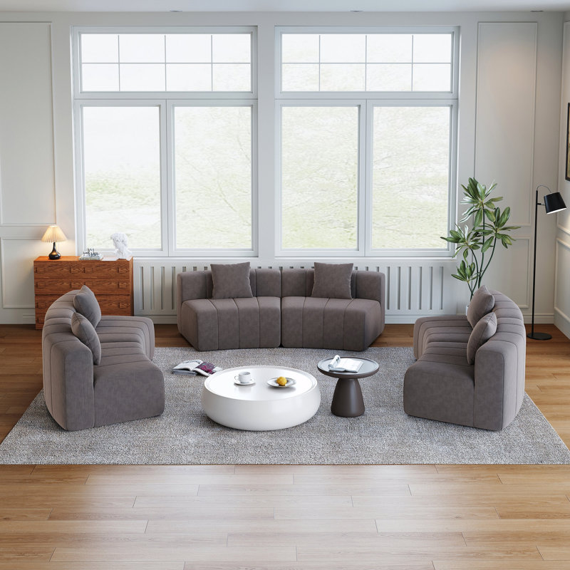 Canapé modulaire incurvé chenille avec 6 coussins Chenille, Gris chenille, H 29 po x l 175 po x P 33 po
