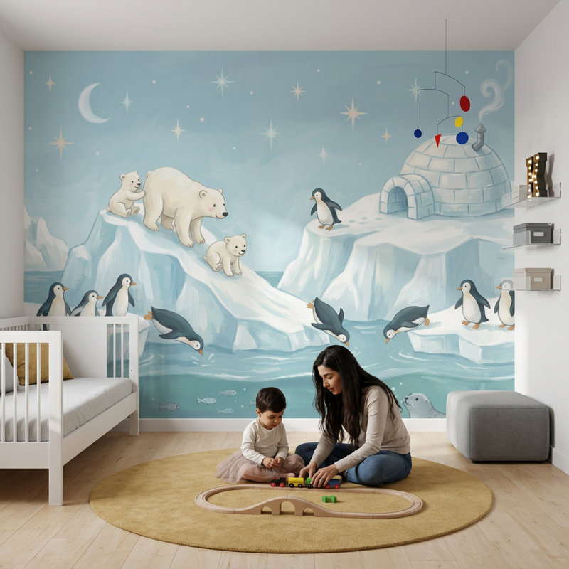 Papier peint ours polaire avec pingouins, Non tissé, 200 po x 120 po