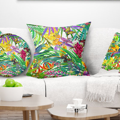 Floral Tropical Leaves and Flowers Lumbar Pillow