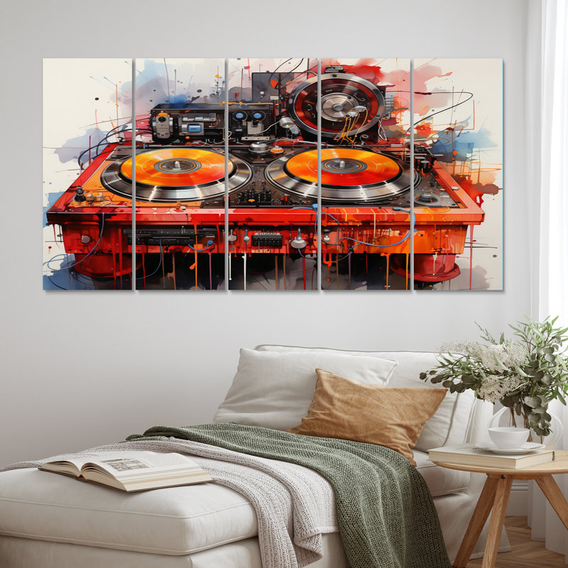 Abstrait, platines tournantes musicales, "Boom Boxes I" - reproduction d'art sur toile - 5 panneaux égaux