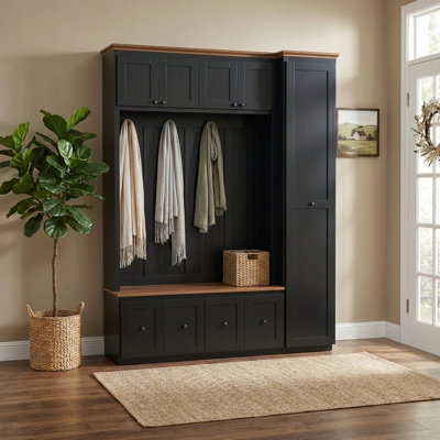59" Farmhouse Hall Tree with Storage Bench, Cabinets, Drawers, Coat Rack and Hooks, 5-in-1 Entryway Storage Organizer