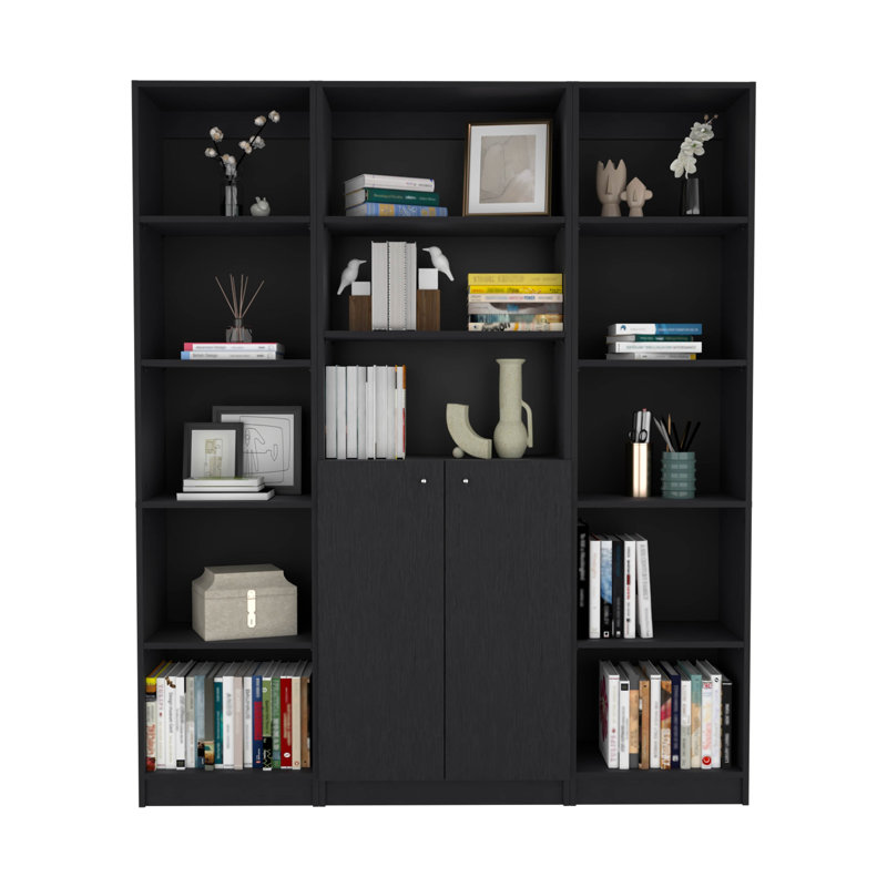 3 salons avec bibliothèques noires - solution de rangement adaptable, bibliothèque élégante 3 pièces, look