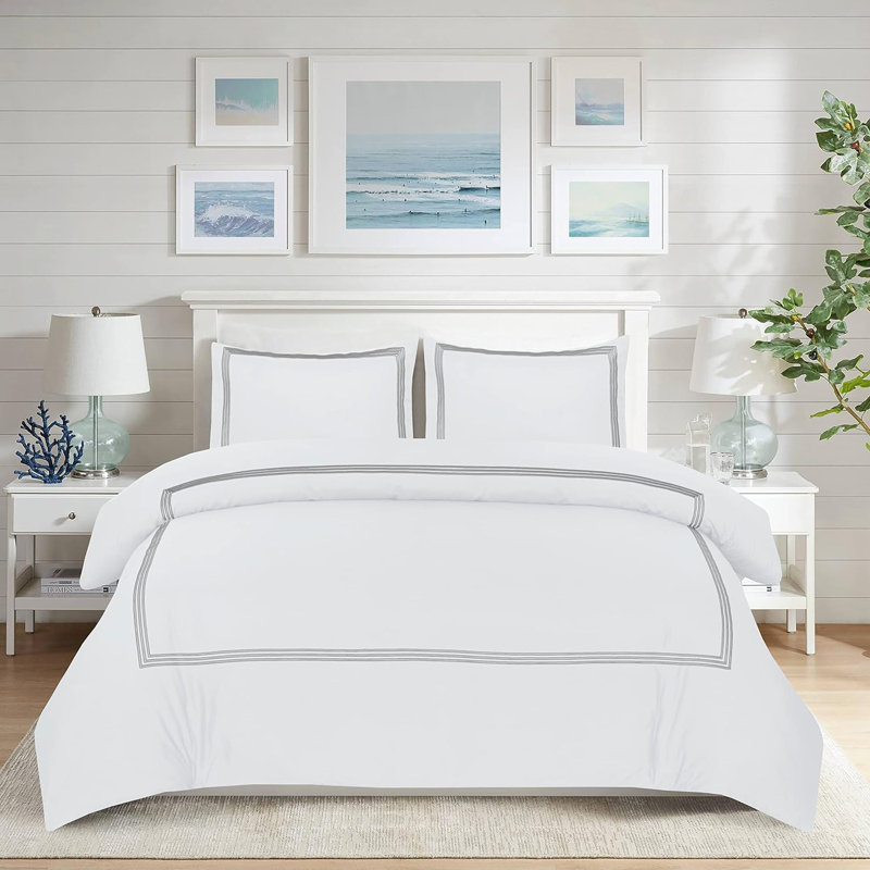 My Home Store Junco Duvet Cover Set Microfiber 3 Piece Luxury Bratta Stitch Duvet Cover Sets With Pillowcase, White/Grey