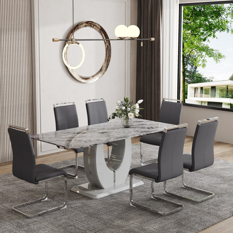71" Dining Table Set, Modern Tempered Glass Top With PU Leather Chairs, Gray, 7 Pieces: Table, 6 Chairs