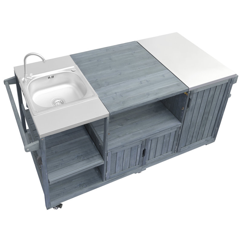 Îlot de cuisine en bois massif 75,4 "avec évier pour XL Big Green Egg - Station de préparation pour barbecue avec plateau en acier inoxydable