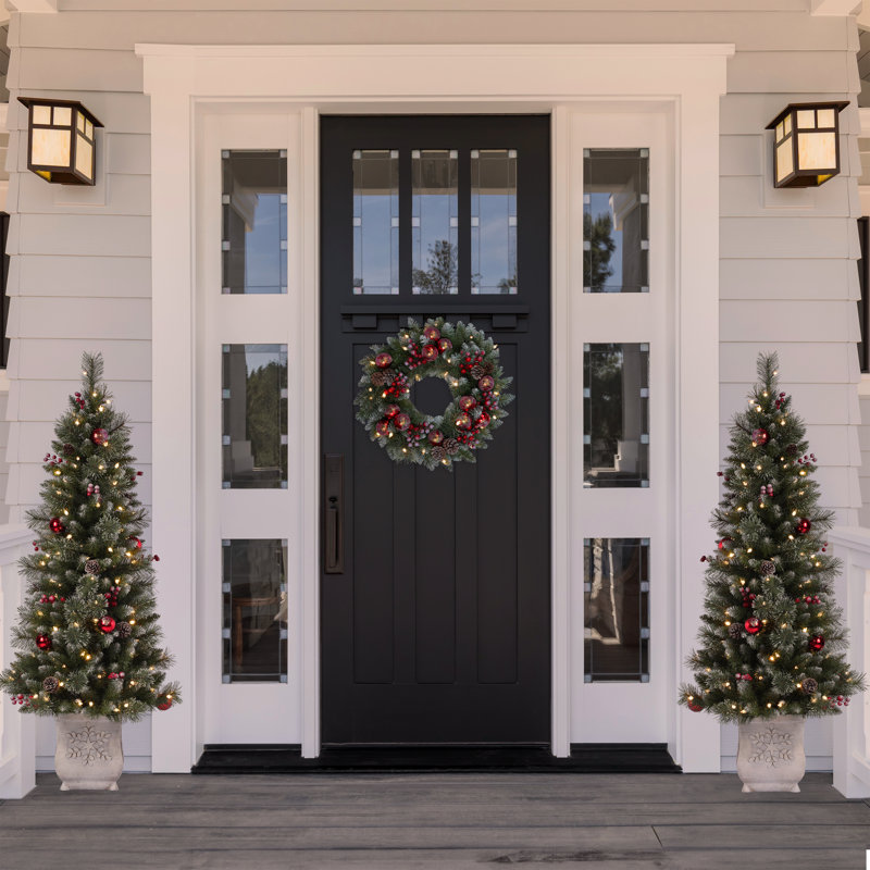 24 Inch Frosted Ithica Pine Wreath with Soft White LED Lights and Auto Timer