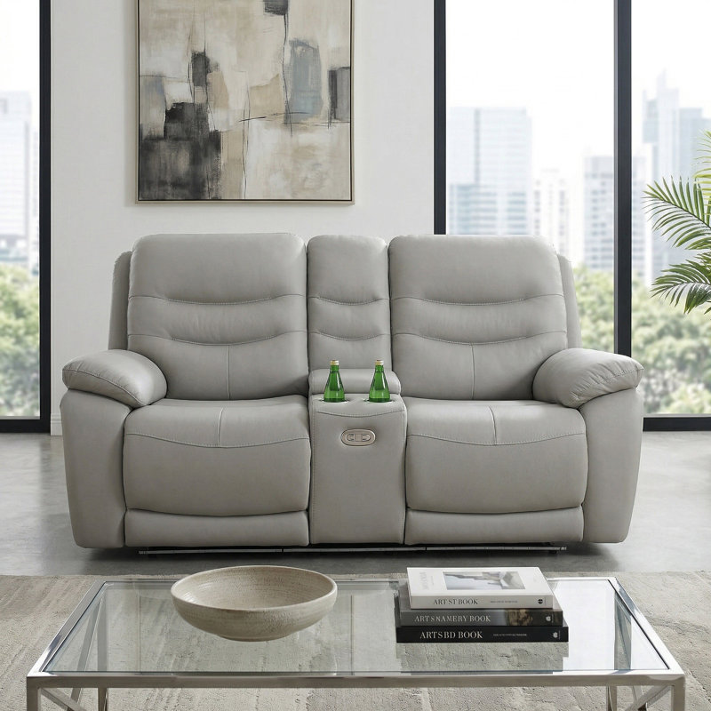 Opal Light Gray  Vegan Leather  Reclining  Loveseat With Cup-Holders And LED Lights