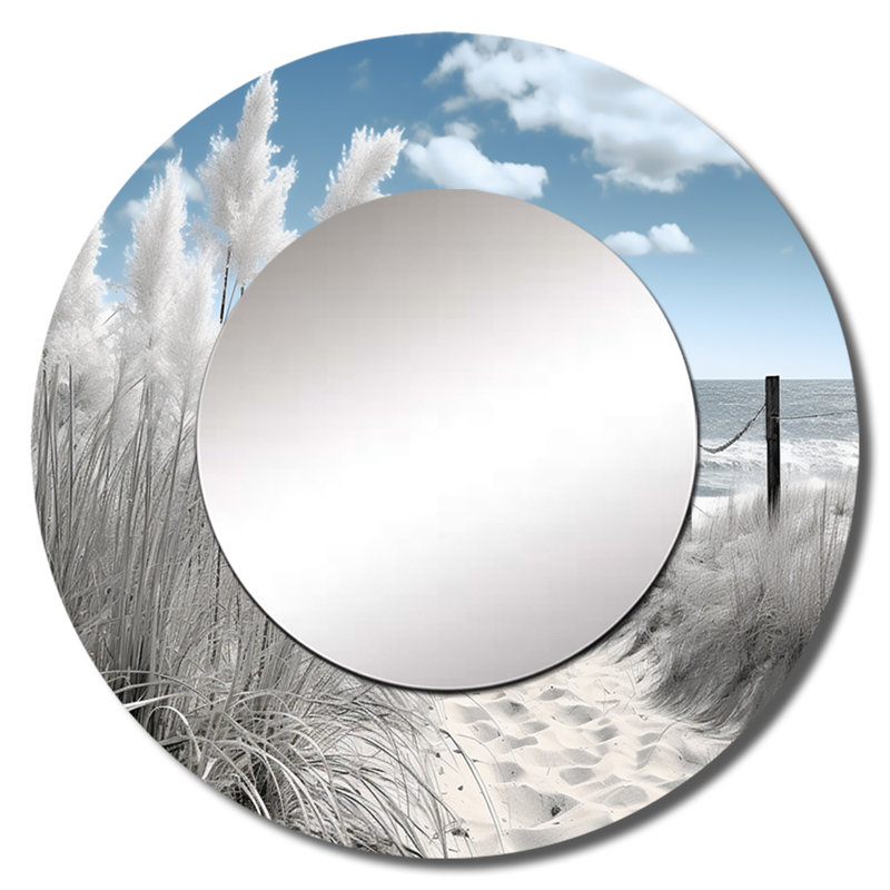 Beach Seascape Dreams Path II - miroir de plage, miroir mural rond gris, impression sur métal, 36 po x 36 po