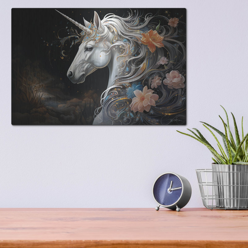 «Fantasy Unicorn 1» par Momart, art mural en métal, H 12 po x l 16 po