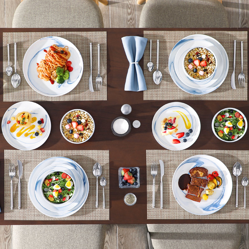 12-Piece Porcelain China Dinnerware Set - Service for 4, Blue/White