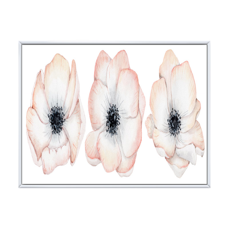 Aquarelle, anémone et fleurs roses - Peinture sur toile, H 30 po x l 40 po, Cadre flottant blanc