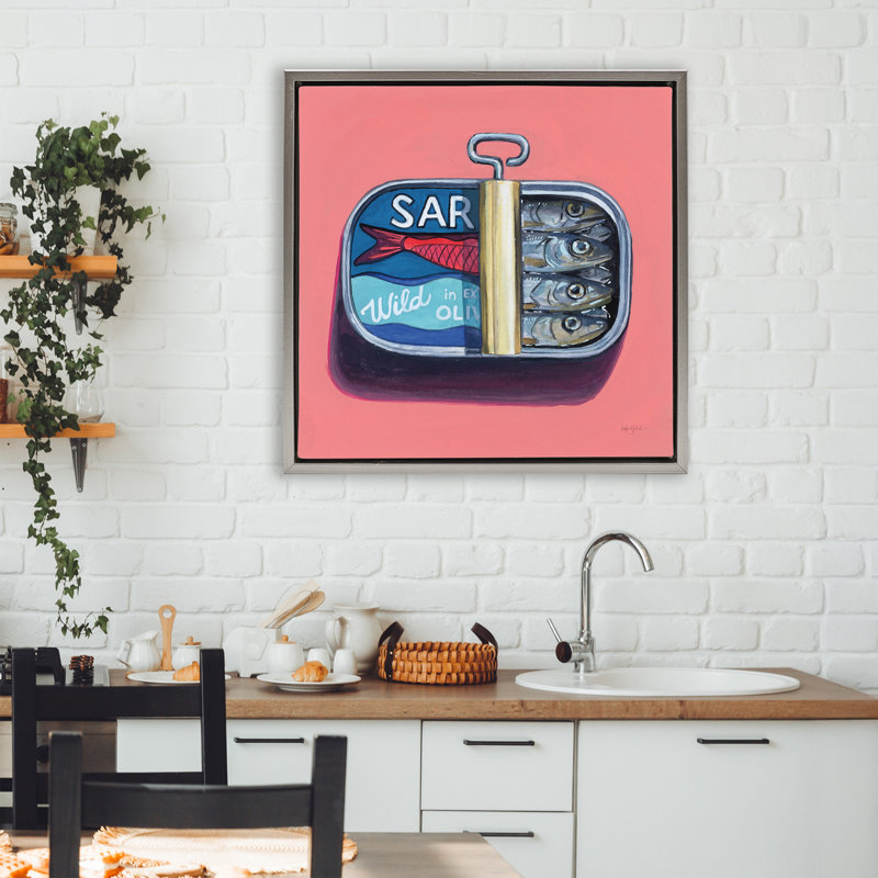Sardines sauvages sur cadre flottant rose, design par Kate Jarvik Birch, H 25 po x l 25 po, Cadre flottant gris lustré