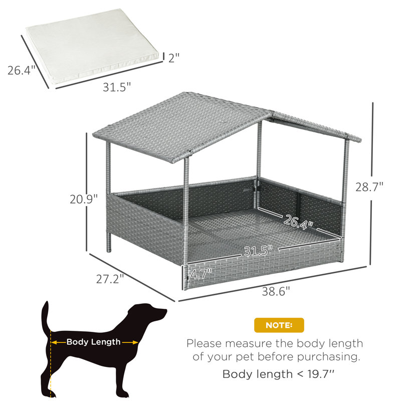 Niche pour chien en rotin avec coussin imperméable Pawhut Wicker, H 27,57 po x l 38,57 po x P 27,32 po, Gris clair / blanc