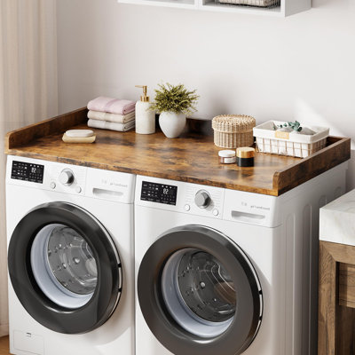 Space-Saving 2-Tier Wooden Laundry Shelf - Washer Dryer Countertop Organizer with Edge Rails, Non-Slip Pad & Storage, Easy Assembly, For Detergent, Folding & Sorting, 54.3" x 27.6", Classic Color